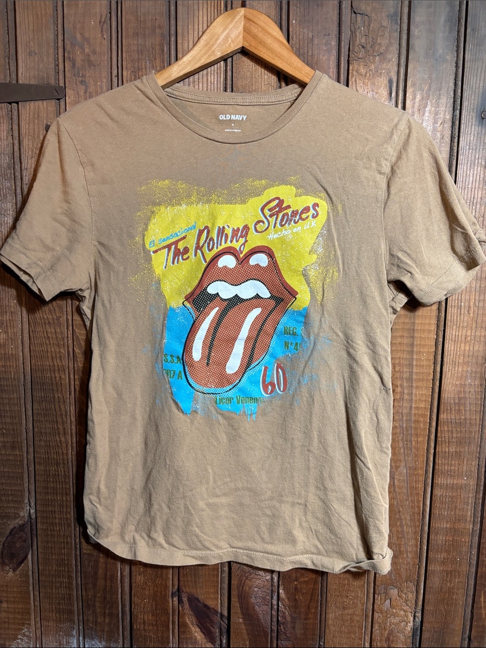 Old Navy Men's Rolling Stones Graphic Tee - Brown with Yellow & Blue Print
